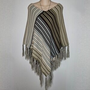 Coco Carmen Striped Fringe Poncho Sweater‎
